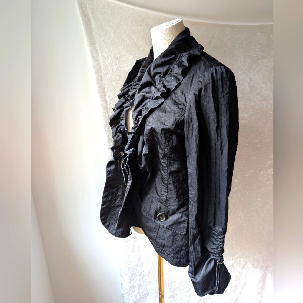 Willi Smith Blazer Satin Ruffle Neck Elastic Cinch Clip Cuff And Collar Blue